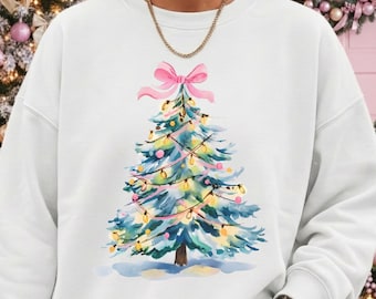 Preppy Christmas Tree PNG with Pink Bow, Watercolor Pastel Holiday Sublimation Design