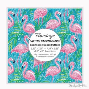 May include: A seamless repeat pattern featuring pink flamingos and green palm leaves on a turquoise background. The design includes the text "Flamingo Pattern Backgrounds" and dimensions of 5.25" x 7.25", 7.25" x 5.25", and 12" x 12".