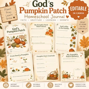 Peut inclure: Un journal d'école à la maison numérique intitulé God's Pumpkin Patch comprenant plusieurs pages imprimables avec des illustrations automnales de citrouilles, de vignes et de feuilles. Les pages incluent des sections pour les observations, la gratitude et les souvenirs.