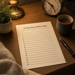 May include: A white paper sheet titled 22 Decisions Before Bed with a numbered list from 1 to 22 and horizontal lines for writing. The paper is placed on a wooden surface next to a black pen, a grey mug, a round analog clock, and a small potted plant.