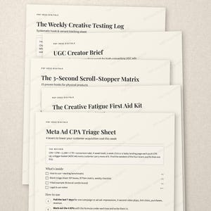May include: A stack of white digital marketing documents titled The Weekly Creative Testing Log, UGC Creator Brief, The 3-Second Scroll-Stopper Matrix, The Creative Fatigue First Aid Kit, and Meta Ad CPA Triage Sheet with black text and checklists.