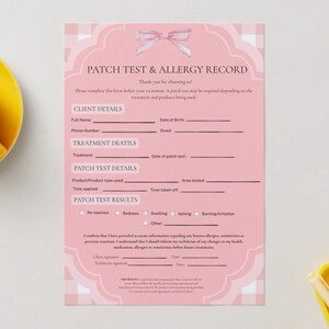 May include: A pink patch test and allergy record form featuring a white gingham background, a decorative border, and a bow illustration at the top. The document includes sections for client details, treatment details, patch test details, and results.