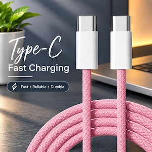 Puede incluir: Un cable de carga USB tipo C trenzado de color rosa con conectores blancos. El texto en la imagen dice Type-C Fast Charging, y un pequeño cuadro debajo contiene el texto Fast • Reliable • Durable con un icono de rayo junto a las palabras.
