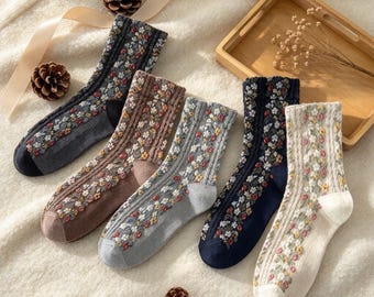 Floral Embossed Mid-Calf Socks, Fall Winter Cottagecore Cotton Slouch Socks, Womens Crew Socks, Botanical Socks, Knit Socks, Garden Socks.