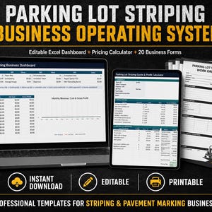 Könnte beinhalten: Ein betriebswirtschaftliches System für Parkplatzmarkierungen mit Excel-Dashboard, Angebots- und Gewinnrechner sowie druckbaren Arbeitsauftragsformularen. Das Display zeigt Finanzdaten, Preistabellen und Geschäftsverwaltungsvorlagen.