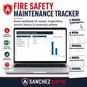 May include: A Fire Safety Maintenance Tracker Excel workbook displayed on a laptop screen, featuring a dashboard with asset service status charts, tables for inspections, service history, and corrective actions, plus icons for download and tracking.