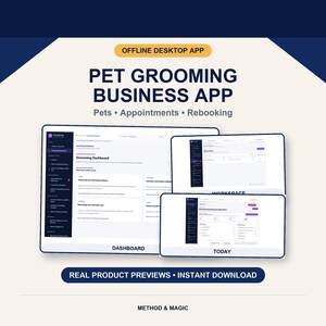 May include: An offline desktop app for pet grooming businesses featuring a dashboard, workspace, and today view. The interface displays text including PET GROOMING BUSINESS APP, Pets, Appointments, Rebooking, REAL PRODUCT PREVIEWS, and INSTANT DOWNLOAD.