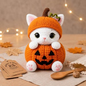 May include: A white crocheted cat plush toy wearing an orange pumpkin hat with a brown stem and green vine, sitting inside a larger orange crocheted pumpkin with a black felt jack-o'-lantern face, featuring pink paw pads and large black eyes.