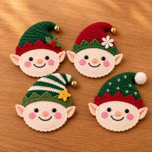 May include: Four crocheted elf ornaments featuring cream-colored faces, pink cheeks, and pointed hats in green and red. Each elf has black bead eyes, a stitched smile, and a small gold bell at the hat tip. Details include holly, a snowflake, and a star.