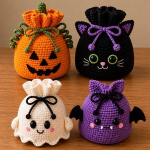 May include: Four crocheted drawstring pouches featuring Halloween-themed designs: an orange pumpkin with green vines, a black cat with purple accents, a cream-colored ghost with pink cheeks, and a purple bat with black wings and white fangs.