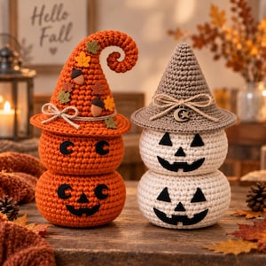 Peut inclure: Deux figurines en crochet empilées ressemblant à des citrouilles avec des visages de jack-o'-lantern. La figurine de gauche est orange avec un chapeau courbé orné de feuilles et de glands. Celle de droite est blanche avec un chapeau marron.