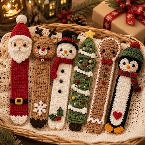 Puede incluir: Seis marcapáginas de ganchillo con personajes navideños: un Papá Noel, un reno con cascabel, un muñeco de nieve con bufanda, un árbol de Navidad decorado, un hombre de jengibre y un pingüino con gorro y bufanda, dispuestos en una cesta.