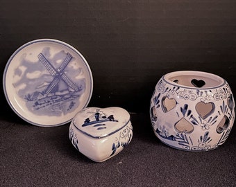 Delft Nobel Ball votive candle holder, windmill coaster, and heart shaped trinket box