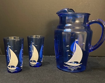 Hazel Atlas Blue Glass Pitcher and 2 glasses with sail boats