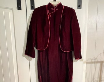 Burgundy velvet Cheongsam maxi dress and jacket