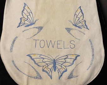 Vintage Linen Towels Drawstring Bag with Butterflies