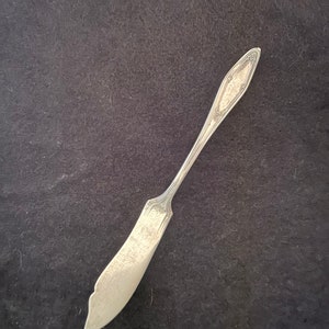 May include: Silver butter knife with a decorative handle and a curved blade. The handle features an ornate design, and the blade has a slightly serrated edge. The knife is made of a shiny, reflective metal, likely stainless steel.