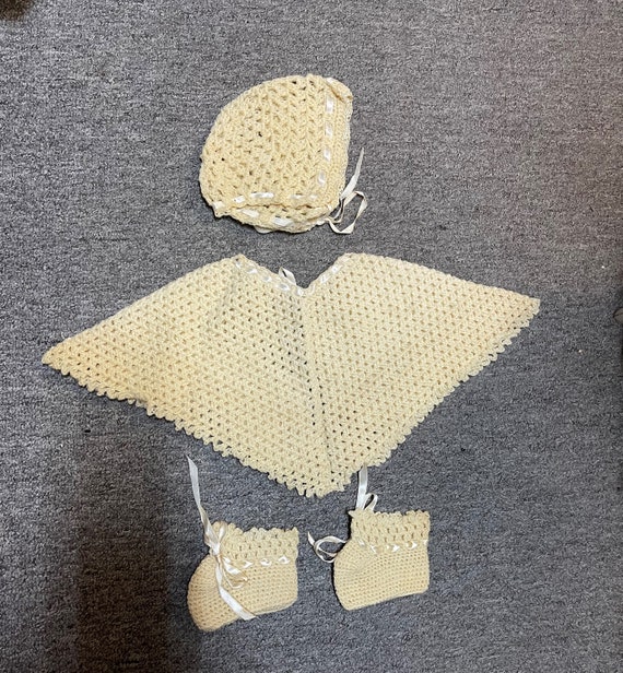 Crocheted Baby capelet, bonnet, and booties