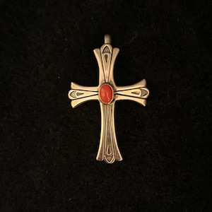 R Coriz Sterling and Coral Cross pendant