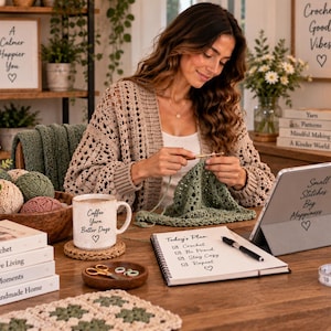 May include: A beige crochet cardigan, a ceramic mug with the text Coffee Yarn Better Days, a spiral notebook with a checklist, a tablet with the text Small Stitches Big Happiness, yarn balls, a wooden bowl, and a measuring tape on a wooden table.