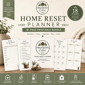 May include: An 18-page Home Reset Planner printable bundle featuring a weekly cleaning schedule, daily 15-minute reset, decluttering tracker, and grocery list. The design uses dark green text and graphics on a cream background with US letter sizing.