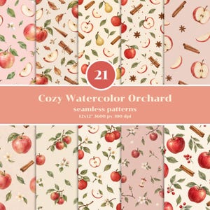Puede incluir: Una colección de 21 patrones digitales sin costuras con ilustraciones en acuarela de manzanas rojas, rodajas de manzana, hojas verdes, ramas de canela, peras y anís estrellado sobre fondos rosa claro y crema, etiquetada como Cozy Watercolor Orchard 30,5x30,5 cm.
