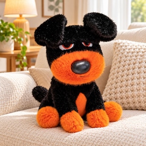 Grumpy Dog Plush Toy, Black Orange Stuffed Puppy, Soft Kawaii Animal Plushie, Cute Dog Lover Gift, Nursery Room Decor
