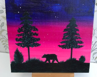 Original Neon Acrylic Painting Landscape Bear Square Canvas Board 20cm x 20cm