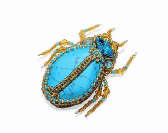 Bead Embroidered Scarab Beetle Brooch with Magnesite, Czech Rhinestone. Turquoise Gold Bug Pin. Insect Beetle Jewelry. Unique Gift for Her