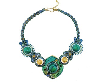 Handmade Soutache Bib Necklace with Shibori Silk Green Agate Rhinestones Bead Embroidered Gold Turquoise Green Statement Collar Gift Idea