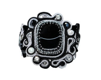 Handmade Bead Embroidered Wide Soutache Bracelet with Onyx Agate Rhinestones Freshwater Pearls Black Silver Wedding Party Event Prom Cuff