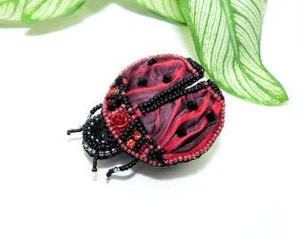 Handmade Bead Embroidered Ladybug Brooch with Shibori Silk Garnet Quartz Rhinestones Red Black Insect Bug Animal Pin Gemstone Beetle Jewelry