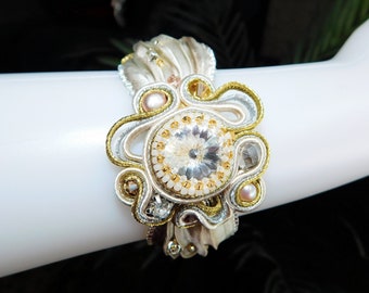Bead Embroidered Soutache Cuff Bracelet with Shibori Silk Rhinestones Freshwater Pearls Gold Ivory Beige Ecru Wedding Glam Event Jewelry