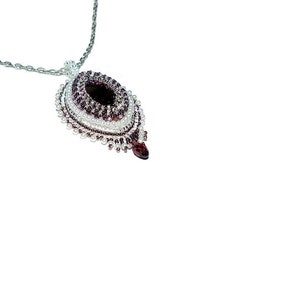 Handmade Bead Embroidered Pendant Necklace Burgundy Maroon Marquise Glass Rhinestone on 18.5 Inch Silver-Tone Chain Wedding Jewelry Gift Her