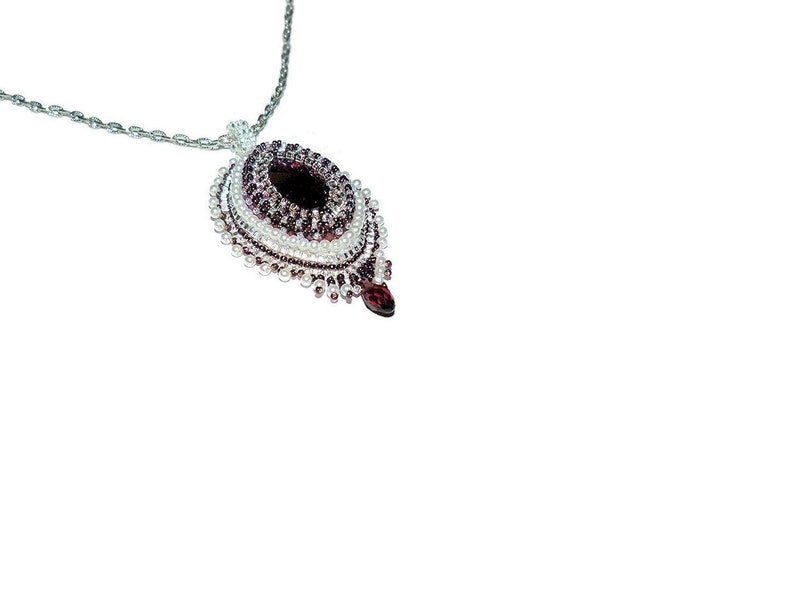 Handmade Bead Embroidered Pendant Necklace Burgundy Maroon Marquise Glass Rhinestone on 18.5 Inch Silver-Tone Chain Wedding Jewelry Gift Her