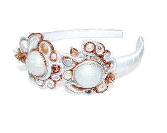 Bead Embroidered Soutache Headband with Handmade Epoxy Resin Cabochons Rhinestones Freshwater Pearls White Copper Head Band Hair Accessory