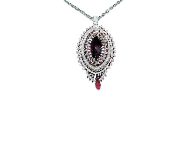 Handmade Bead Embroidered Pendant Necklace Burgundy Maroon Marquise Glass Rhinestone on 18.5 Inch Silver-Tone Chain Wedding Jewelry Gift Her