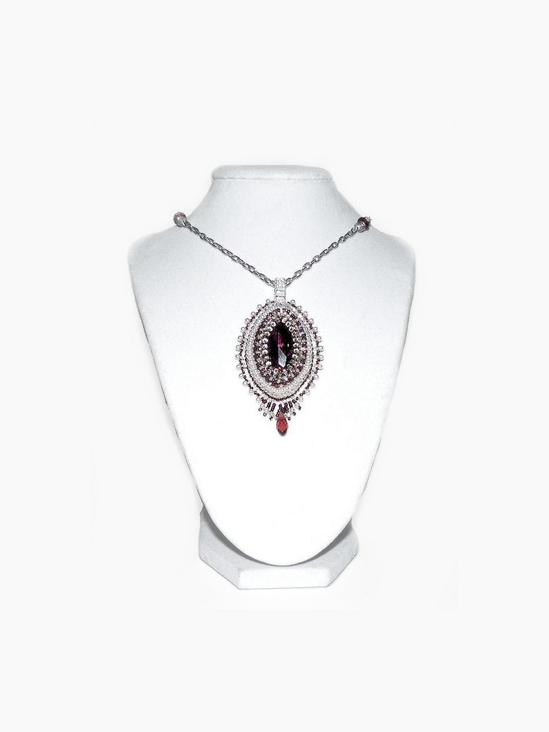 Handmade Bead Embroidered Pendant Necklace Burgundy Maroon Marquise Glass Rhinestone on 18.5 Inch Silver-Tone Chain Wedding Jewelry Gift Her