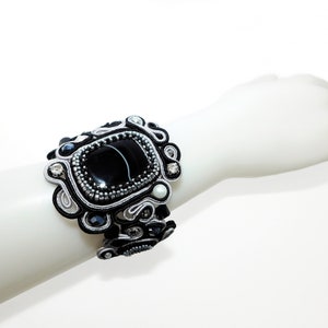 Handmade Bead Embroidered Wide Soutache Bracelet with Onyx Agate Rhinestones Freshwater Pearls Black Silver Wedding Party Event Prom Cuff