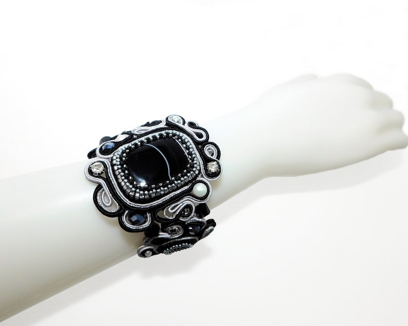 Handmade Bead Embroidered Wide Soutache Bracelet with Onyx Agate Rhinestones Freshwater Pearls Black Silver Wedding Party Event Prom Cuff