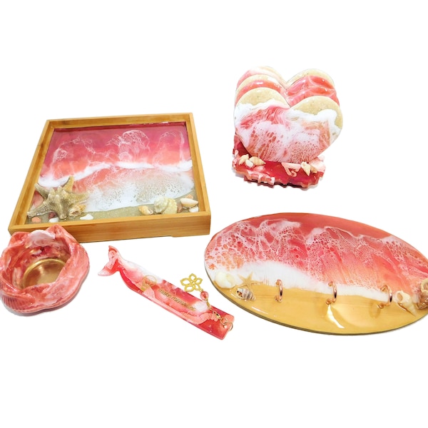 9pcs Handmade Pink Ocean Wave Epoxy Resin Set Jewelry Trinket Tray Heart Coasters Bookmark Candle Holder Key Rack Tropical Beach Barware