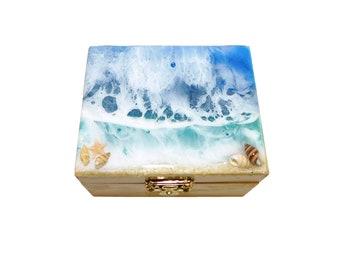 Handmade Small Epoxy Resin Wooden Ocean Wave Jewelry Box Ring Organizer Shell Tropical Island Beach  Jewellery Trinket Keepsake Storage Gift