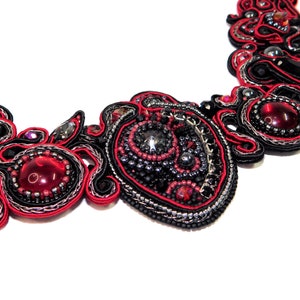 Handmade Bead Embroidered Soutache Bib Necklace with Hematite Garnet Rhinestones Red Black Event Choker Unique Jewelry Gift Glam Wedding image 3