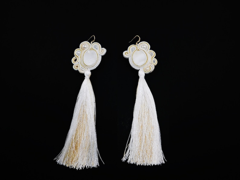 Freshwater Pearl White Gold Long Earrings Bridesmaid Statement Earrings Gold-Filled Earwire Soutache Tassel Earrings with Mother-of-Pearl