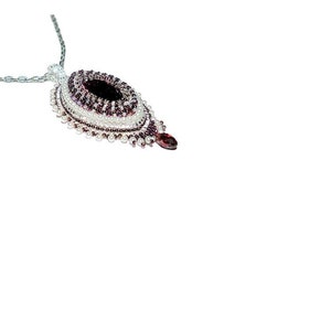 Handmade Bead Embroidered Pendant Necklace Burgundy Maroon Marquise Glass Rhinestone on 18.5 Inch Silver-Tone Chain Wedding Jewelry Gift Her