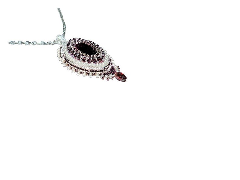 Handmade Bead Embroidered Pendant Necklace Burgundy Maroon Marquise Glass Rhinestone on 18.5 Inch Silver-Tone Chain Wedding Jewelry Gift Her