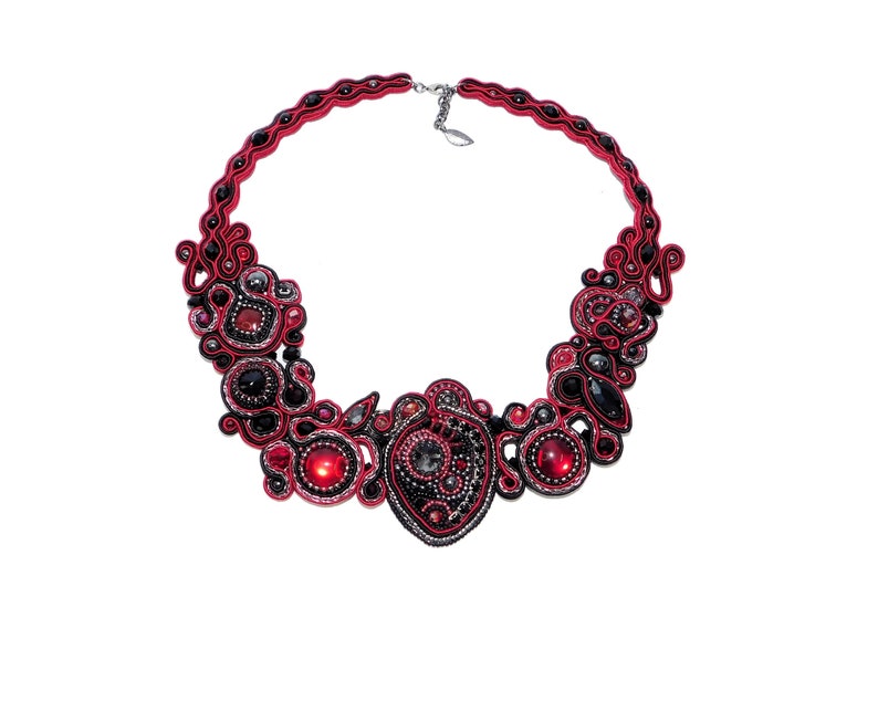 Handmade Bead Embroidered Soutache Bib Necklace with Hematite Garnet Rhinestones Red Black Event Choker Unique Jewelry Gift Glam Wedding image 1