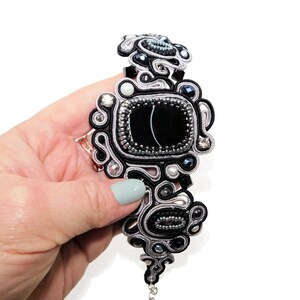 Handmade Bead Embroidered Wide Soutache Bracelet with Onyx Agate Rhinestones Freshwater Pearls Black Silver Wedding Party Event Prom Cuff