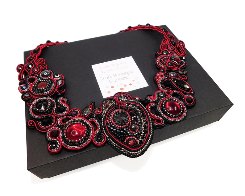 Handmade Bead Embroidered Soutache Bib Necklace with Hematite Garnet Rhinestones Red Black Event Choker Unique Jewelry Gift Glam Wedding image 8