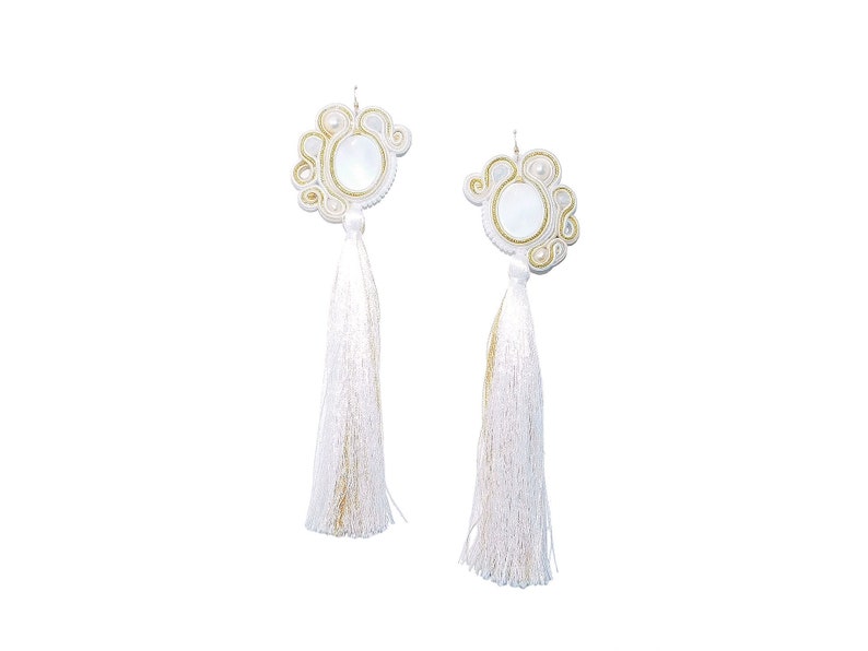 Freshwater Pearl White Gold Long Earrings Bridesmaid Statement Earrings Gold-Filled Earwire Soutache Tassel Earrings with Mother-of-Pearl